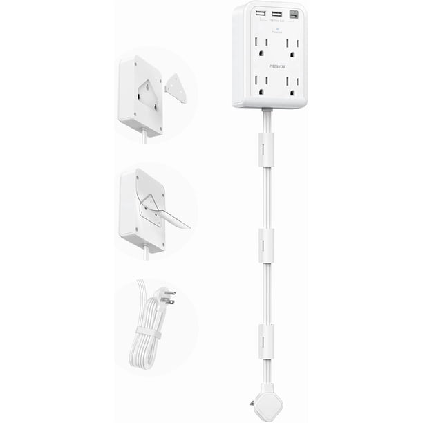Short Power Strip 2FT - Flat Wall Extension Cord with 4AC Outlet and 3 USB Ports(1 Type C), Multi Plug Outlet Extender Small Surge Protector for Home Office Dorm, White