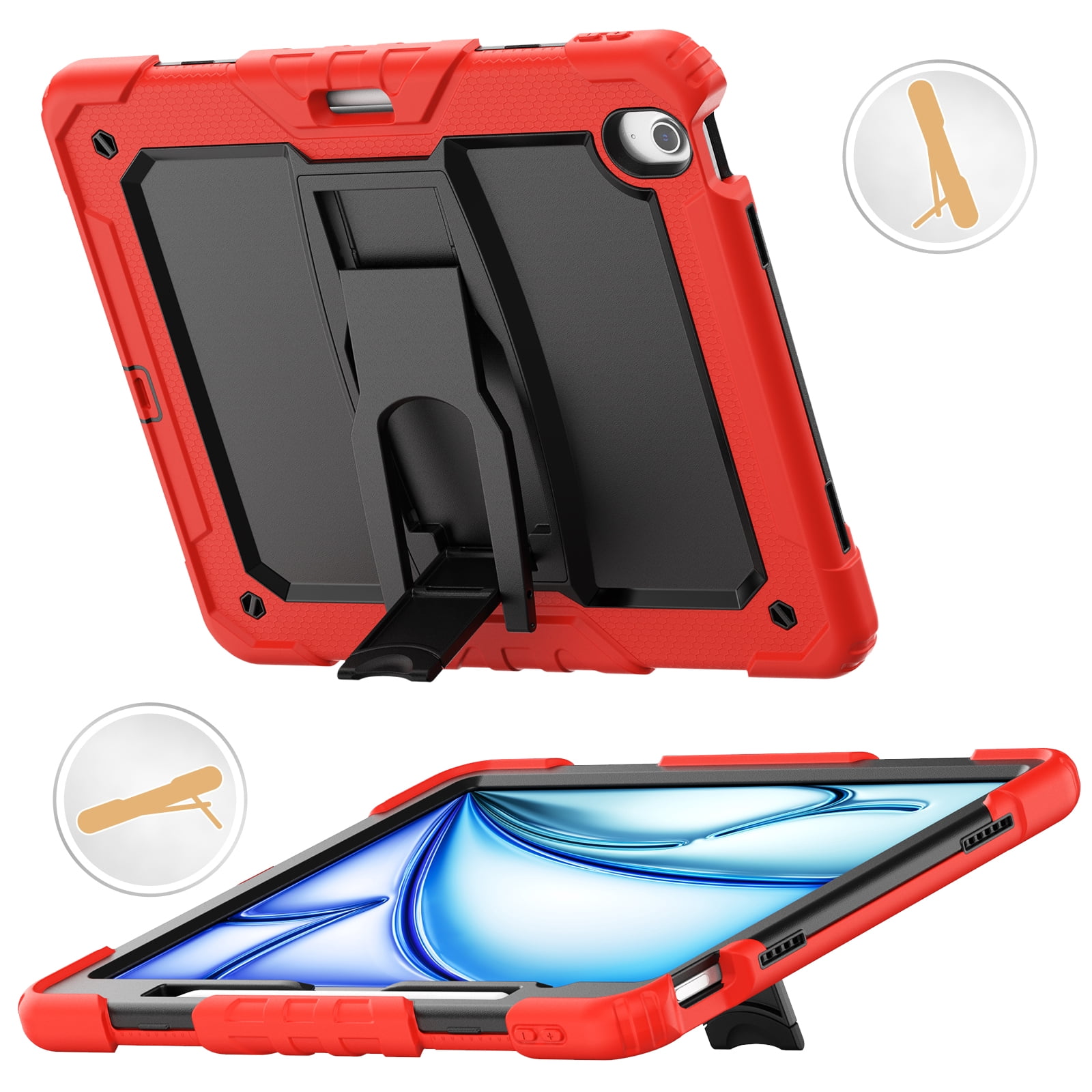 Rugged Case For Apple iPad Air 13 (2024) – 3-Layer Protection Shockproof Stand Cover with Screen Protector, Adjustable Stand, Shoulder Strap, & Pencil Holder -- Red
