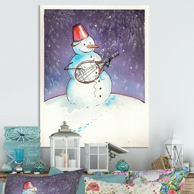 Designart Christmas Snowman Playing Guitar III Traditional Canvas Wall Art