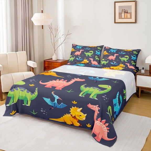 Homewish Kawaii Dino Dinosaur Twin Sheet Sets,Ancient Animal Twin Fitted Sheet,Deepblue Green Orange 03 For Boys Child,Ultra Soft Home Decor,3-Piece