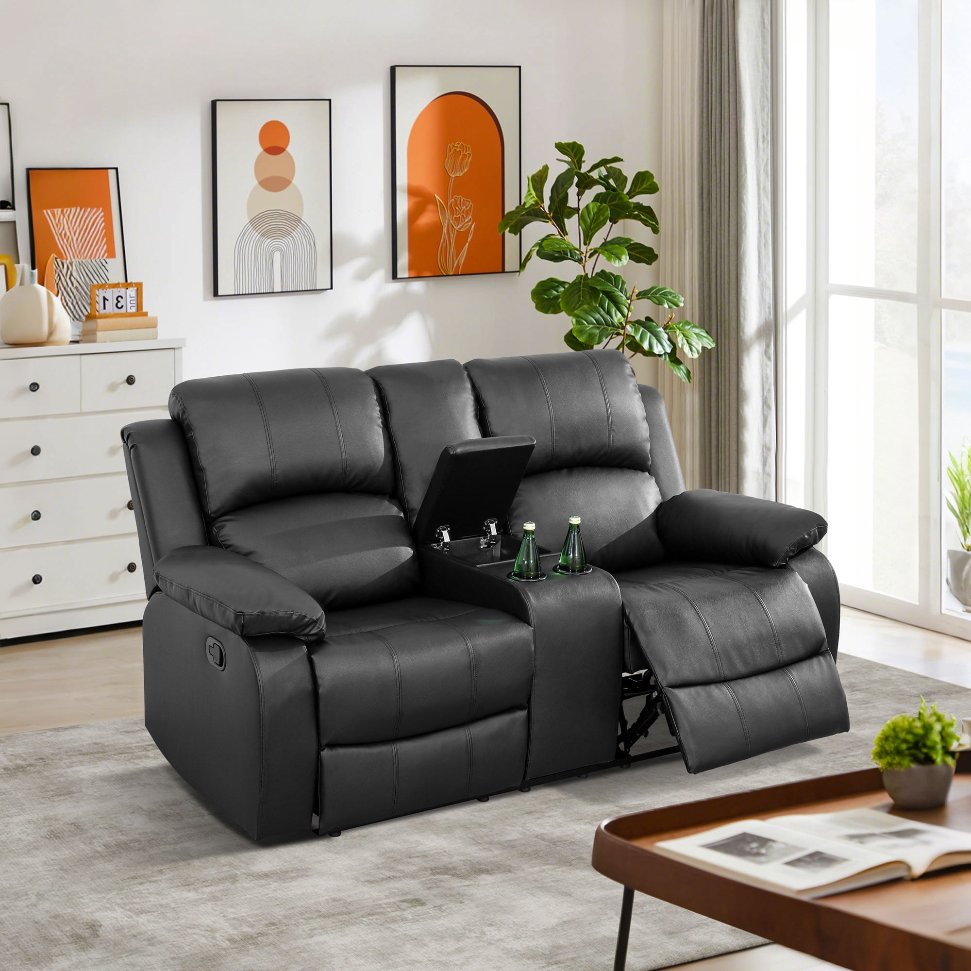 Gewnee Black Loveseat with Console & Cup Holders, Air Leather & High-Elastic Sponge, Adjustable Recline, Perfect for Living Rooms