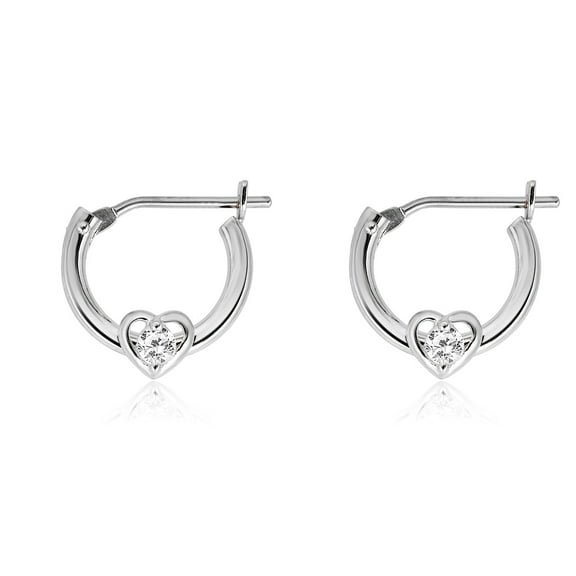 AVORA 10K White Gold 10mm Heart Hoop Earrings with Simulated Diamond CZ