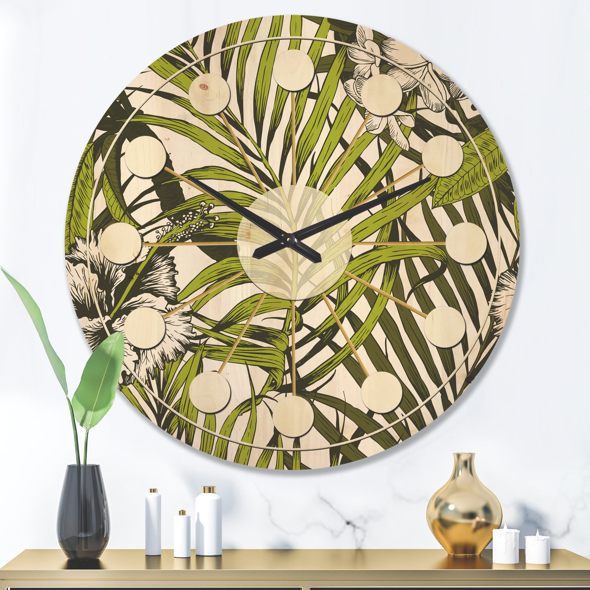 Designart 'Palm Tropical Leaves I' Mid-Century Modern Wood Wall Clock