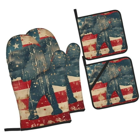 

Tebeau Vintage American Flag Elephant Print 4 Pcs Oven Mitts and Pot Holders 500°F High Heat Resistant Kitchen Oven Mitts with Pot holders Long Oven Mitts for Baking and Cooking