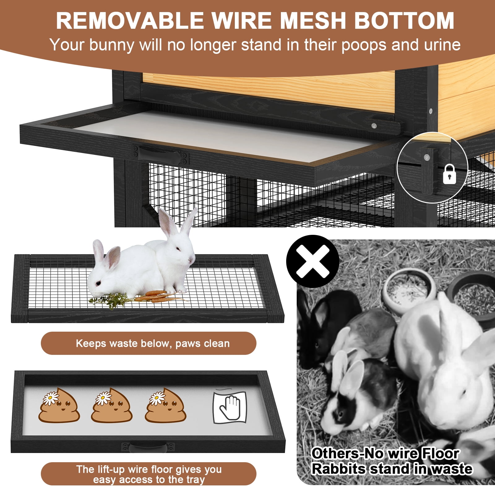 TIMHAKA 2-Story Rabbit Hutch, Wooden Bunny Cage w/ Chew-Proof Ramp & Wheels & Pull-Out Tray for Rabbits & Small Animals, Black & Yellow