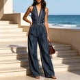 thumbnail image 2 of Quixlent Denim Jumpsuit for Women, Sleeveless Halter V Neck Wide Leg Jeans Pants Romper, High Waist Casual One Piece Outfits with Pockets, 2 of 7