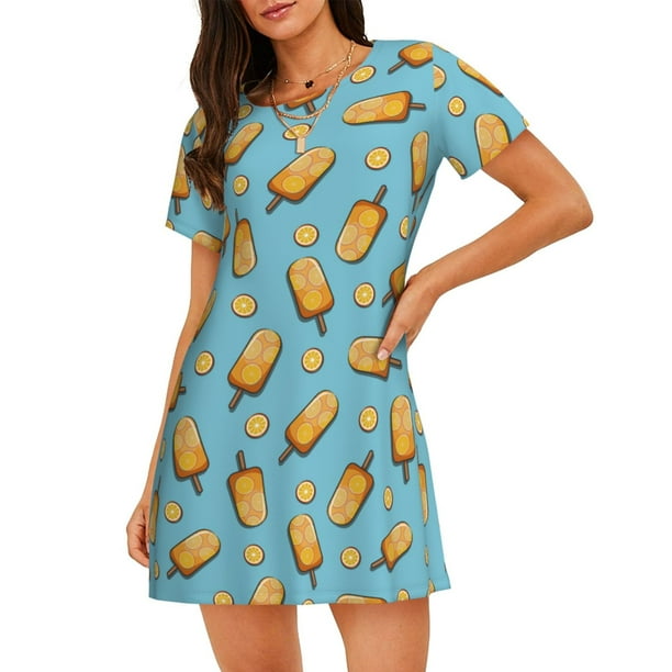 Disketp Lemon Ice Cream para Camisón Corto de Manga Corta para Mujeres, Camisón Cómodo con Escote Redondo, Bonito y Confortable