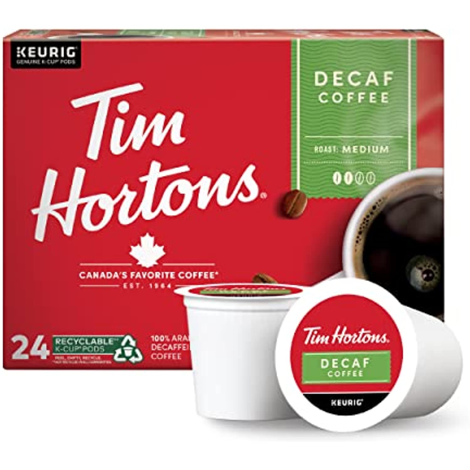 Tim Hortons Decaf, Medium Roast Coffee, SingleServe KCup Pods