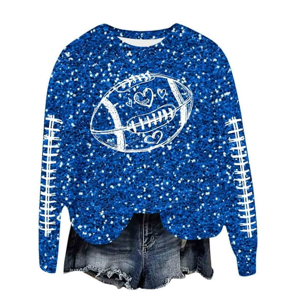 Fshinging Women's Football Sweatshirt Game Day Glitter Sequin Print Long Sleeve Crew Neck Sunday Graphic Pullover Y2K Rugby Clothes