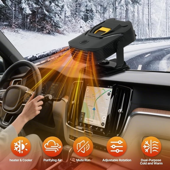 12V Portable Car Heater and Defroster, Black Fast Heating Fan with 360° Swivel Base, Plug-in Auto Windshield Heater