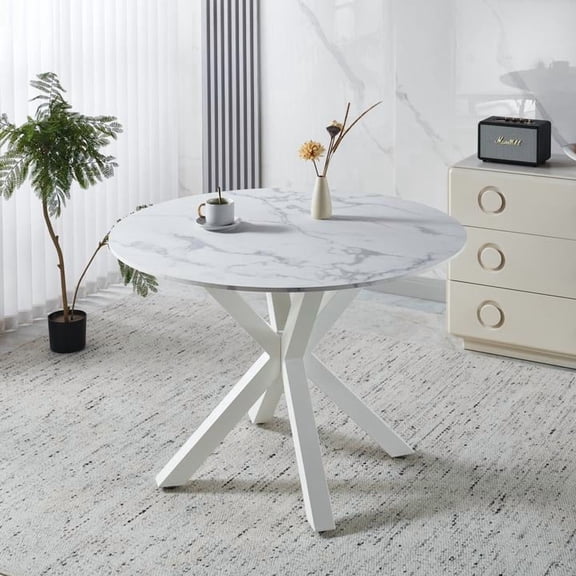 FFZ 42.1 inch Round Dining Table with MDF Top and Metal Legs, White