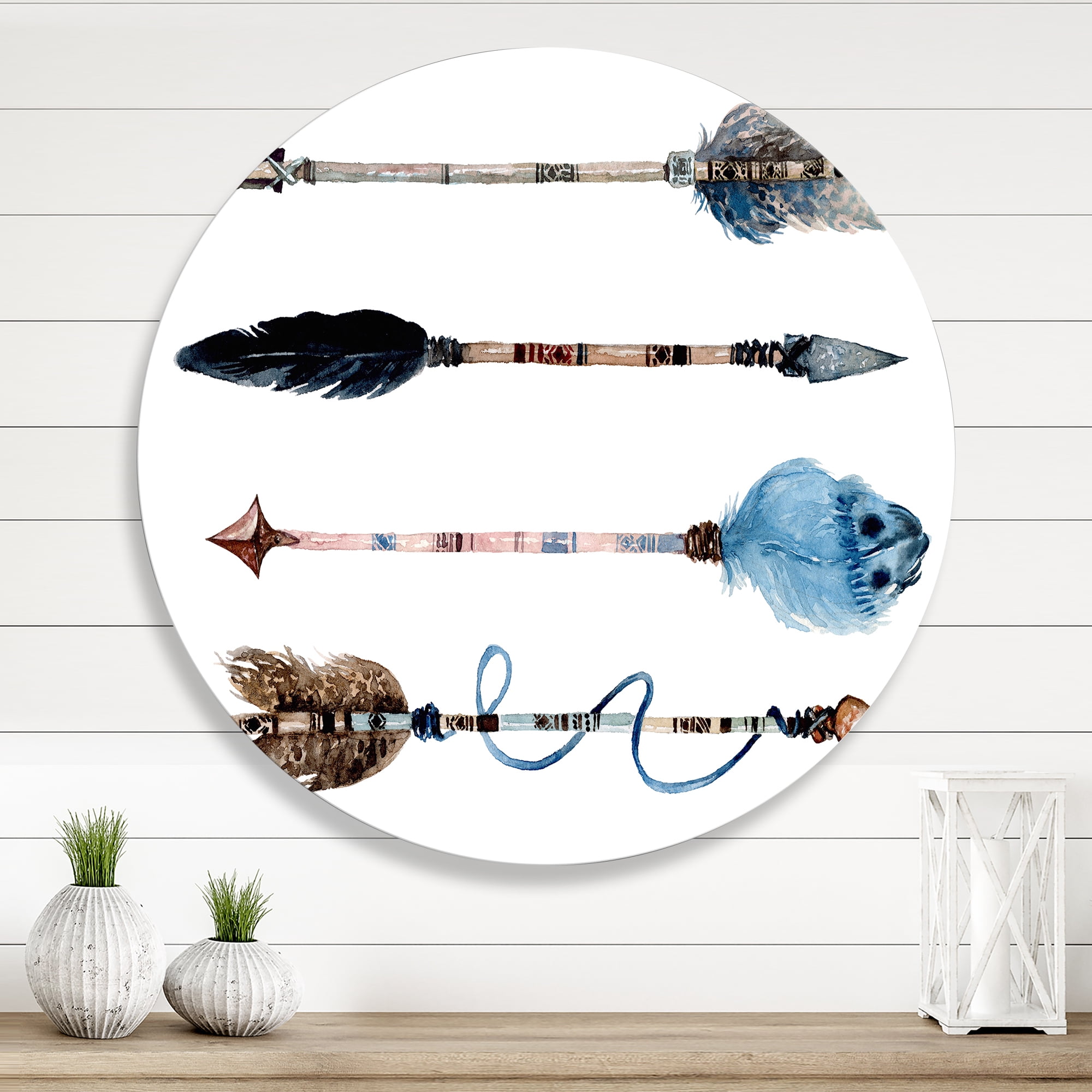 Designart 'Flowers and Ethnic Feathers On Native Arrows IV' Bohemian & Eclectic Circle Metal Wall Art 11x11 - Disc of 11