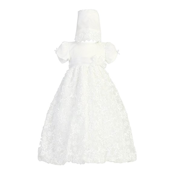 Long White Embroidered Satin Ribbon Tulle Baby Girl Christening Baptism Special Occasion Newborn Dress Gown with Matching Hat - L (12-18 Month, 18-22 lbs)