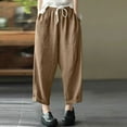 thumbnail image 4 of XPMWRP Women's Cotton Linen Wide Leg Palazzo Lounge Cropped Pants Lightweight Drawstring Waist Harem Capri Pants with Pockets Coffee XXL, 4 of 7