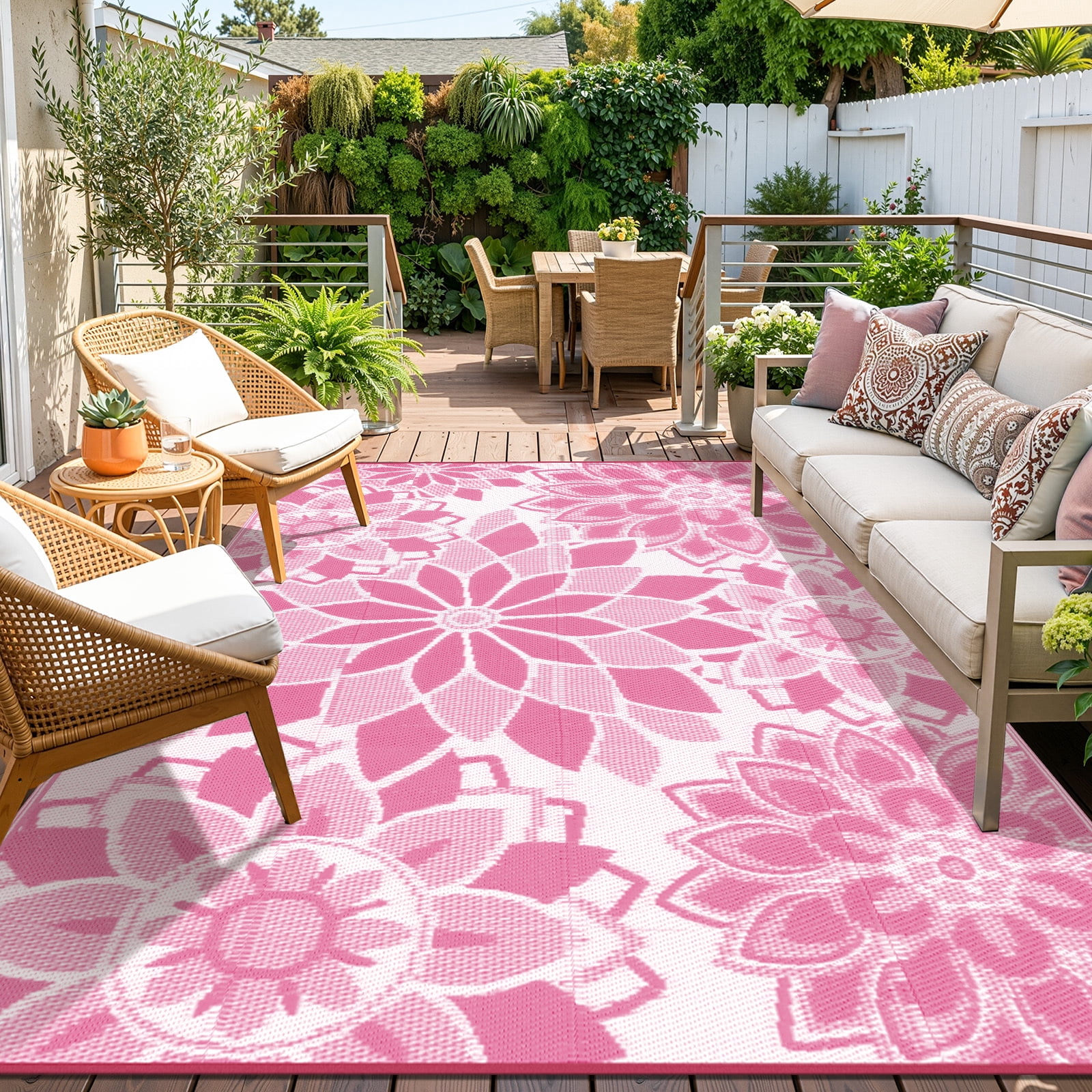 Findosom Outdoor Rug 6'x9' Reversible Waterproof Outdoor Patio Rug Mat Plastic Straw Rug Outdoor Area Rug Patio Camping Rug for RV Picnic Balcony Backyard Beach Outdoor Decor,Pink