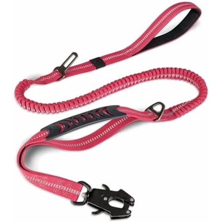 WAAYEE Tactical Dog Leash Heavy Duty, 4-6FT Shock Absorbing Bungee Lead with 2 Padded Handle, Metal Carabiner Clip, Car Seatbelt, Strong No Pull Leash for Medium Large X-Large Dogs, Hot Pink