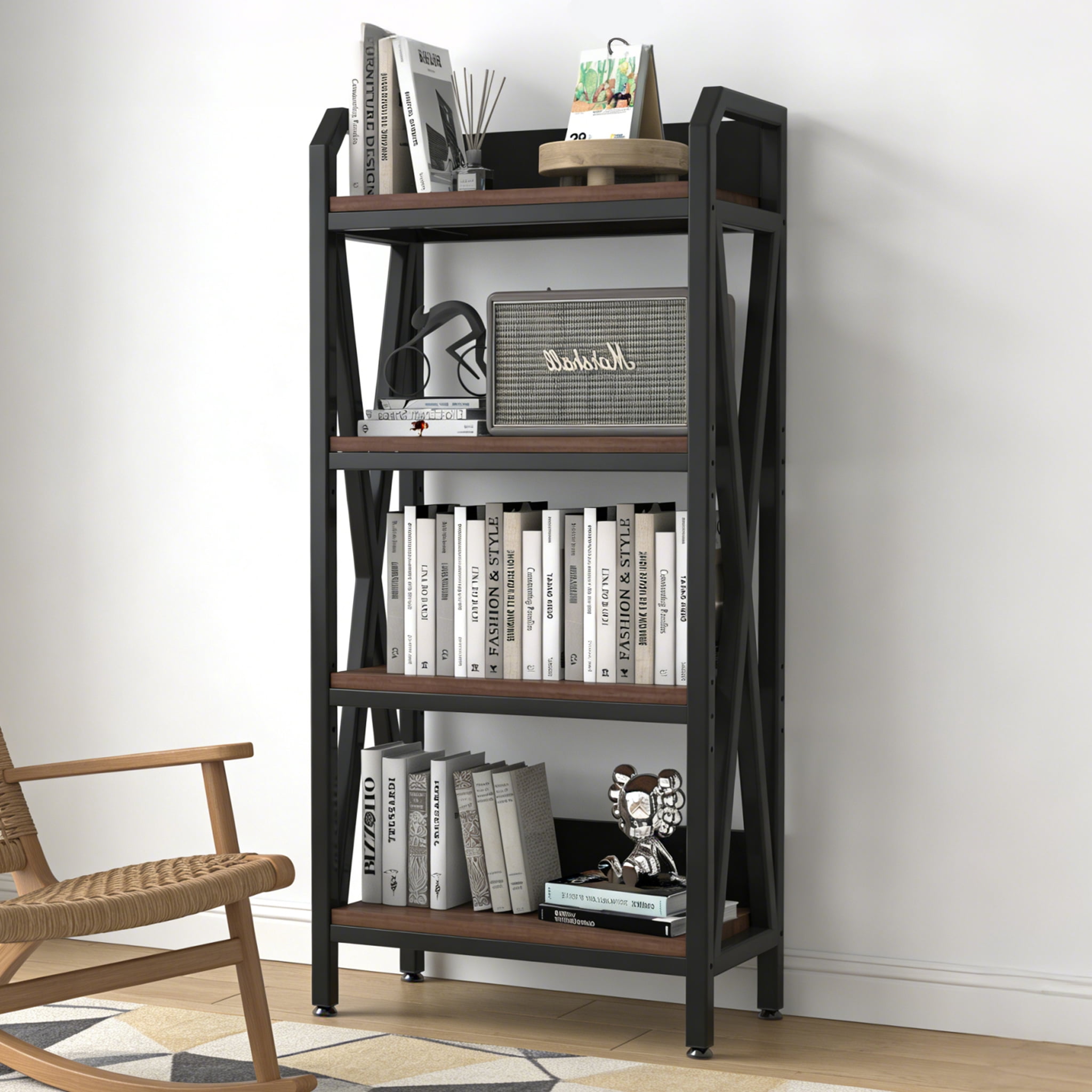 Bakers Rack, Kitchen Shelf, 4-Tier Metal and Wood Storage Shelves for Pantry, Garage, or Bathroom, 25.60" Length, Black and Brown