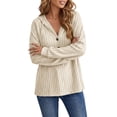 thumbnail image 3 of Knitted Tops for Women Zaewscy Knitted V-neck Long-sleeve Pullover Hoodie With Drawstring And Buttons Casual Style Beige L, 3 of 8
