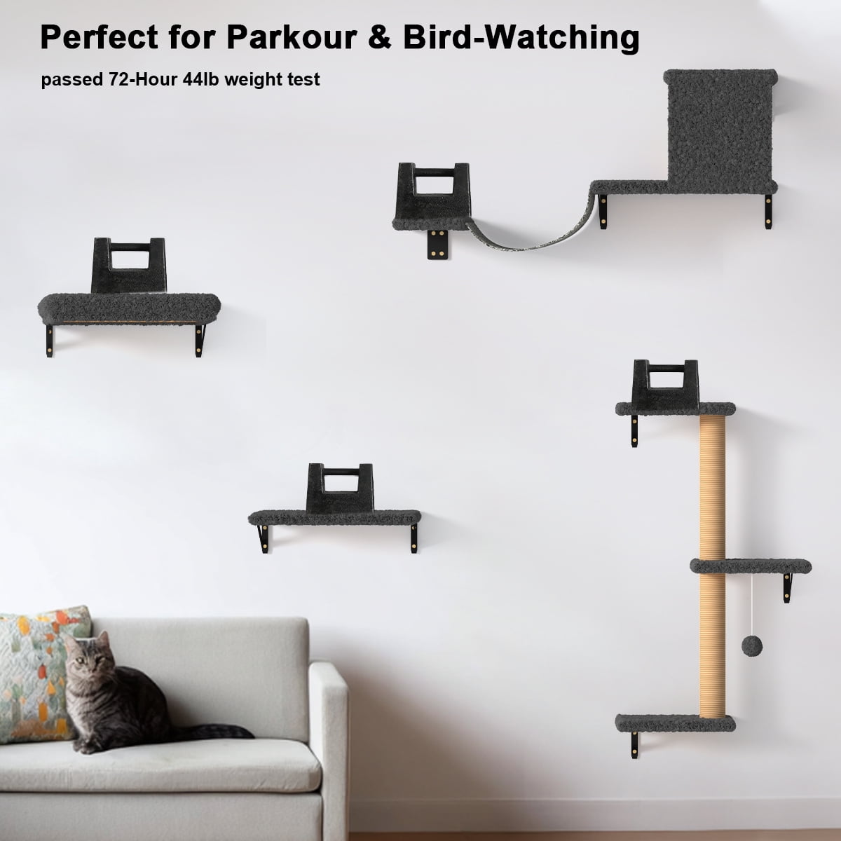 FUKUMARU Cat Wall Shelves Set, 4 in 1 Wooden Climbing Wall Furniture, Grey
