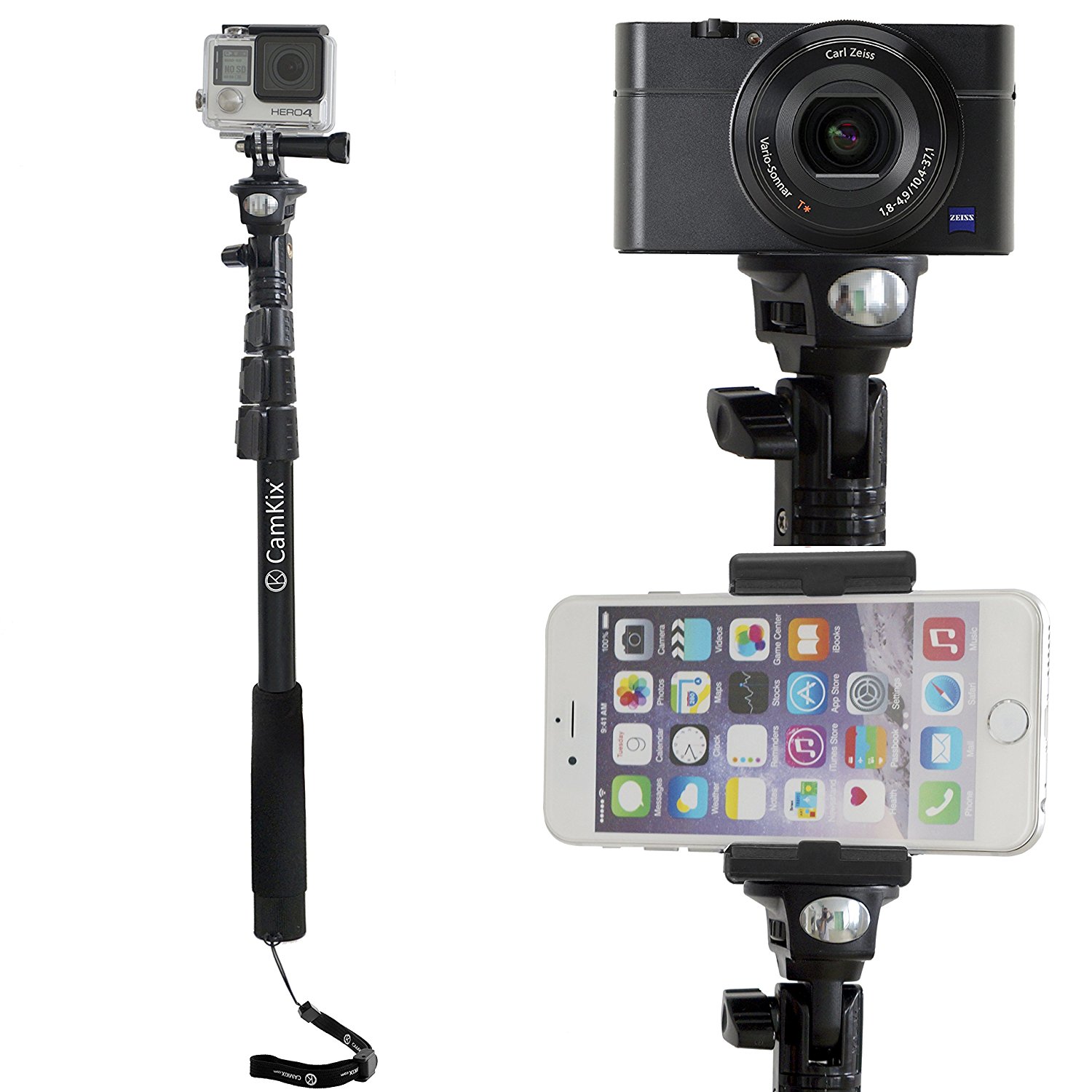 camkix premium telescopic pole 16 - 47 - for gopro hero 5 / 4, session, black, silver, hero+ lcd, 3+, 3, 2, 1, and compact cameras; and cell phones - with cradle for remote - strong and stable clip lo - image 4 of 8