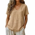 thumbnail image 3 of Craaazy Women's Plus Size Tops Loose Fit Solid Color V Neck Textured Short Sleeve Cotton T Shirts for Vacation Gift, 3 of 5