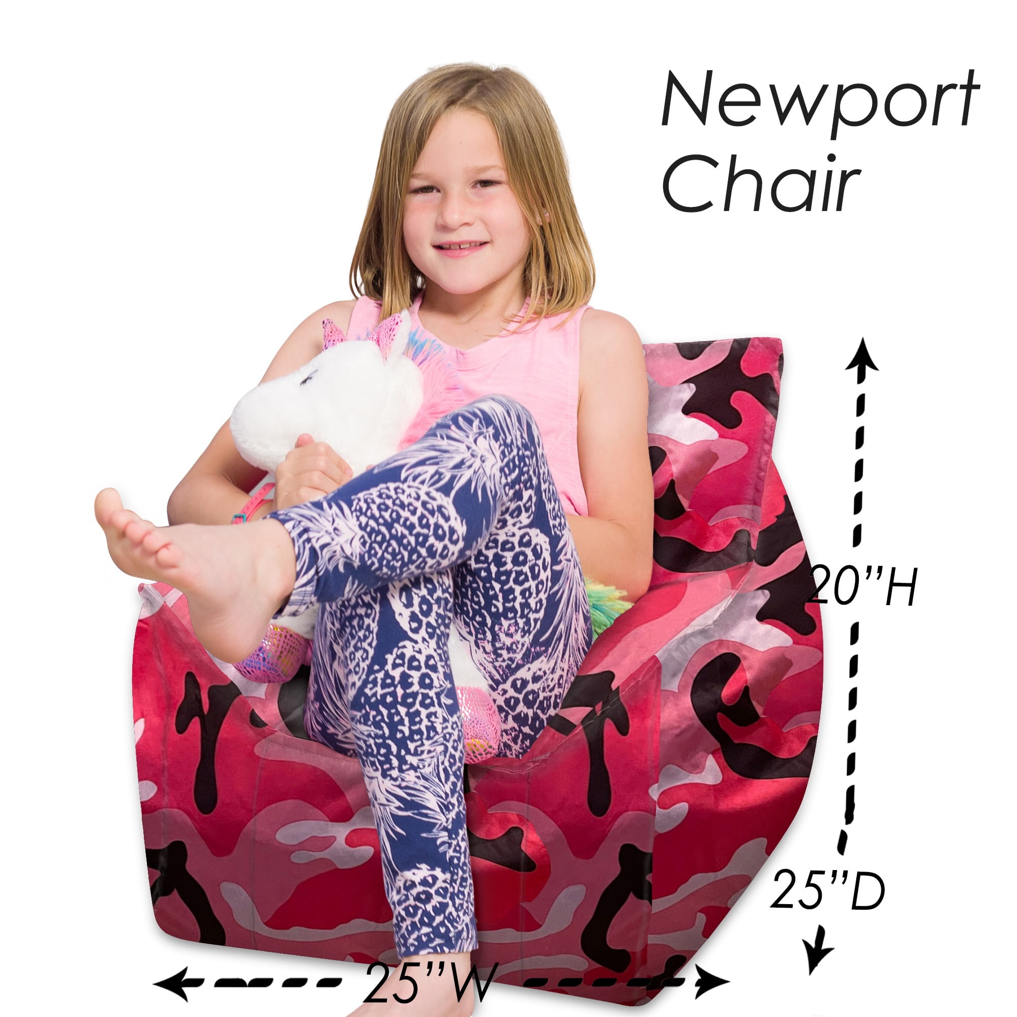 Posh Creations Structured Comfy Bean Bag Chair, Newport Chair, Nylon - Camo Pink and Black
