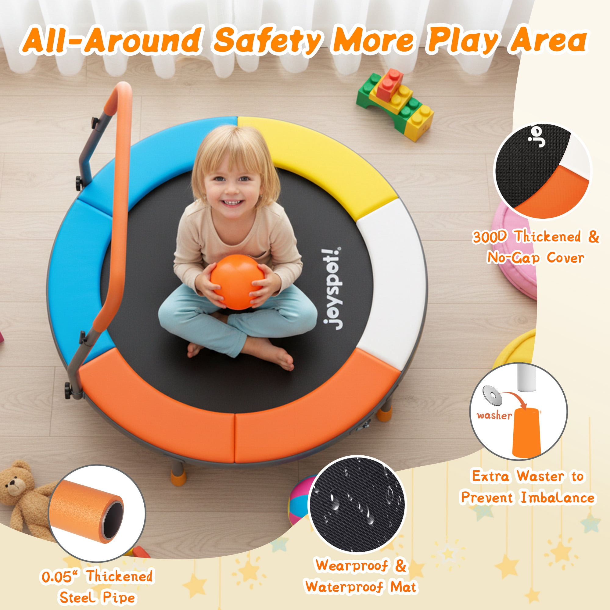 3FT Foldable Trampoline for Kids Ages 1-6 Indoor Outdoor Fun, 36” Mini Small Trampoline with Foam Handle, Safety Padded Cover, Height-Adjustable, Max Load 100LBS, Perfect Toddler Baby Jumping Mat