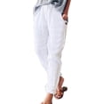 thumbnail image 2 of Women's Cotton Linen Capri Pants Summer Lightweight Elastic Waist Palazzo Harem Pants Baggy Trousers with Pockets, 2 of 5