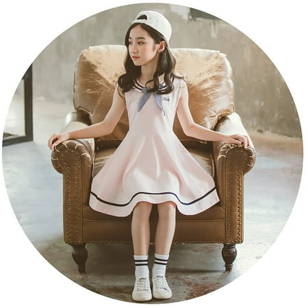 

THE WILD Girls Dresses Elegant Ruffled Bowknot Solid Color O-Neck Sleeveless Midi Girls Dresses Pink