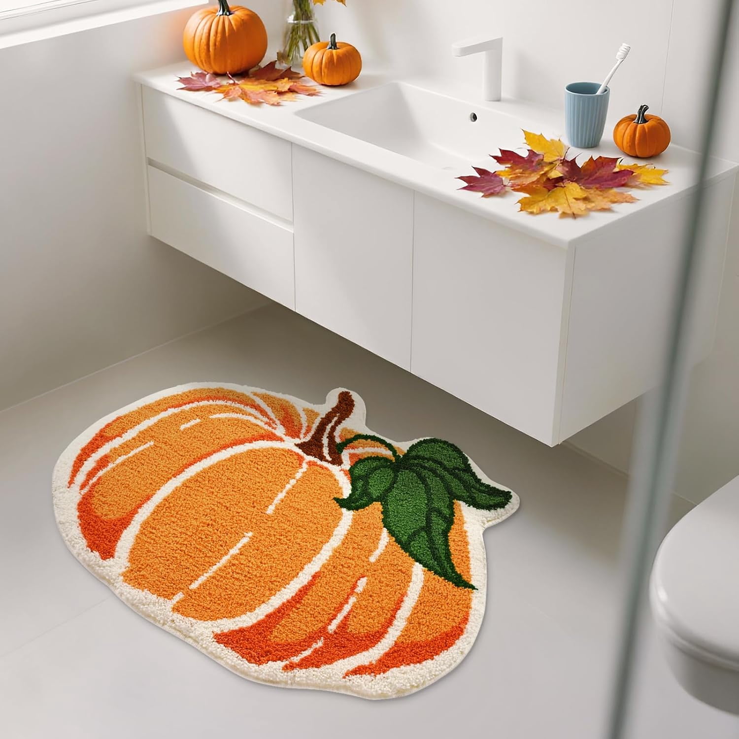 Ikfashoni Fall Bathroom Rug,Orange Pumpkin Bath Mat,Extra Soft Fluffy Absorbent Non-slip Bath Rug,26"x30"