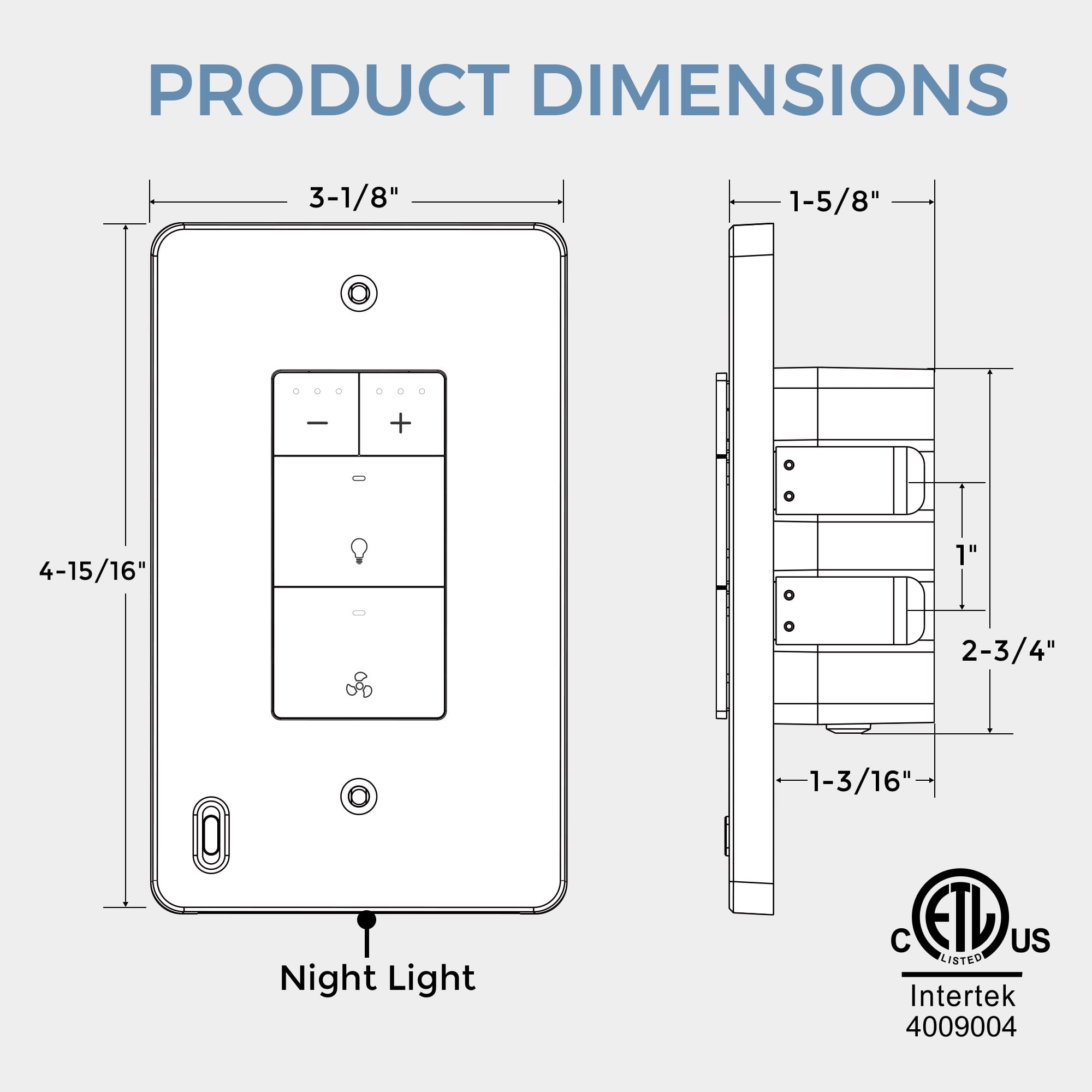 Akicon Dimmer Switch with Night Light Radar Sensor Plate for Bathroom Exhaust Fan, UL Listed, White