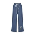 thumbnail image 3 of WIZUTIZ Linen Pants Women Capris Classic Leisure Relaxed Fit Wide Leg Trousers Elastic Stretch Mid Rise Beach Pants Dandelion Print Drawstring with Pockets Palazzo Pants Running Date Blue, 3 of 3