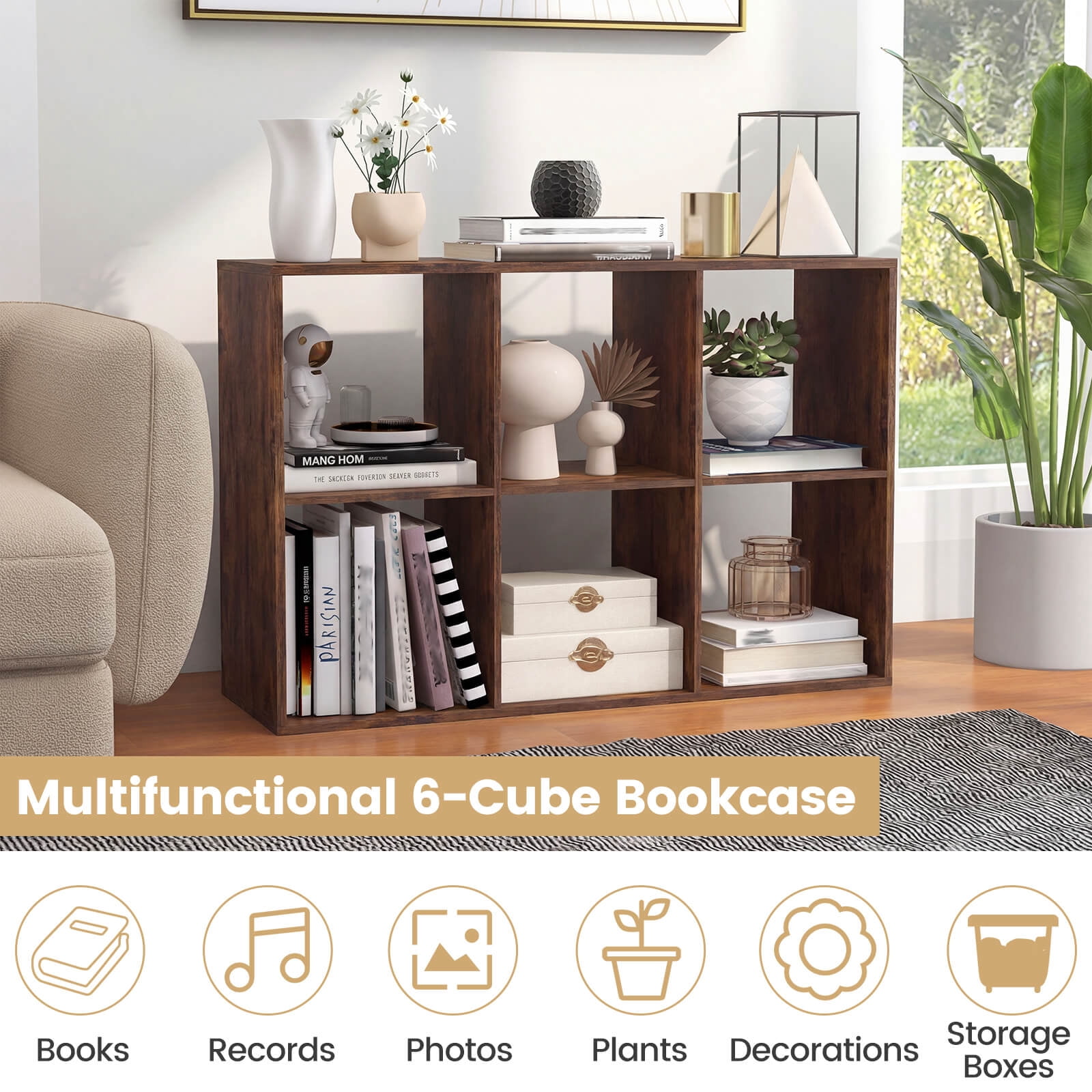 Costway 6-Cube Bookshelf, Modern Cubby Bookcase with Back Guardrail & Anti-tipping Kits Brown