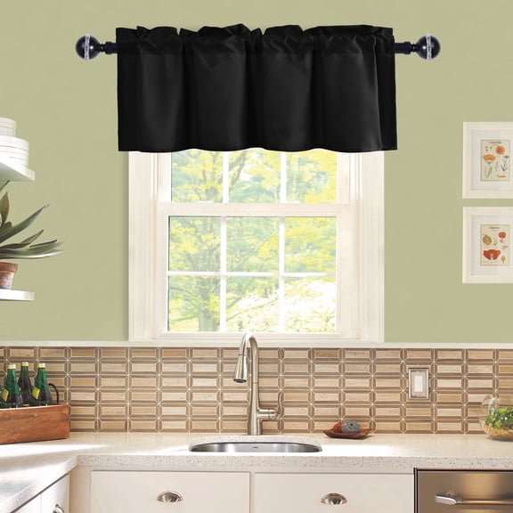 JIUZHEN Valance Curtains for Kitchen Window Valances for Living Room/Basement Window Curtains Bathroom Thermal Insulated Short Rod Pocket Curtain Panels, Black,42 x 18 Inches,1 Panel