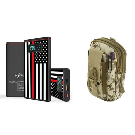 Redline The Stars INFUZE Slim Pocket 12000mAh Portable Charger Dual (USB-A, USB-C) 18W QC 3.0 Power Bank (Thin Red Line USA Flag), Organizer Pouch (Desert Pixel Camo) for Samsung Galaxy J3 (J3 V 3rd Gen, Star, Orbit) ()