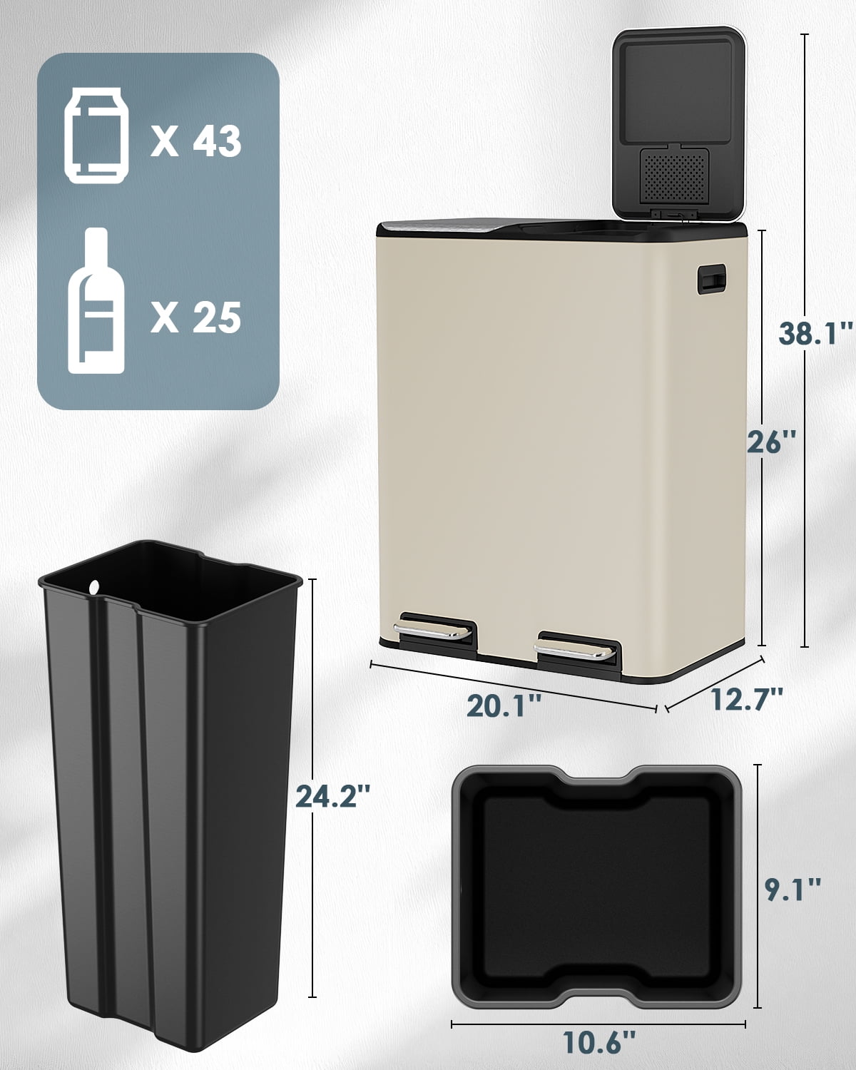 TLSUNNY 16 Gal Dual Trash Can, Stainless Steel Step Kitchen Garbage Bin, Recycle Dustbin with Odor Control Box, Inner Buckets, for Home Office