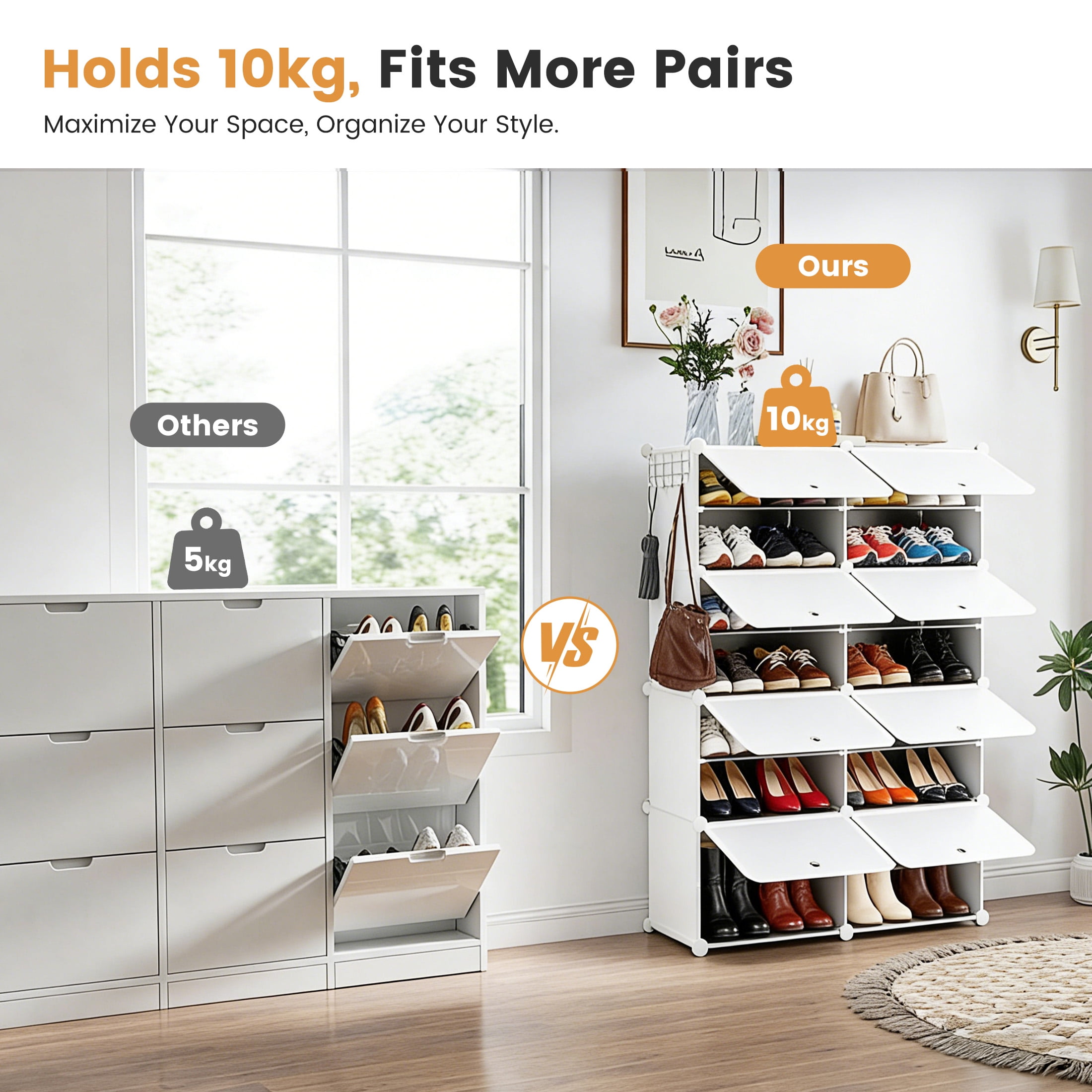 EDX 6-Tier Shoe Rack with Side Hooks, 24-Pair Capacity Sturdy Metal Frame Storage Organizer, White and Black Plastic Panel Shelf for Entryway, Bedroom, and Dressing Room(white and black)