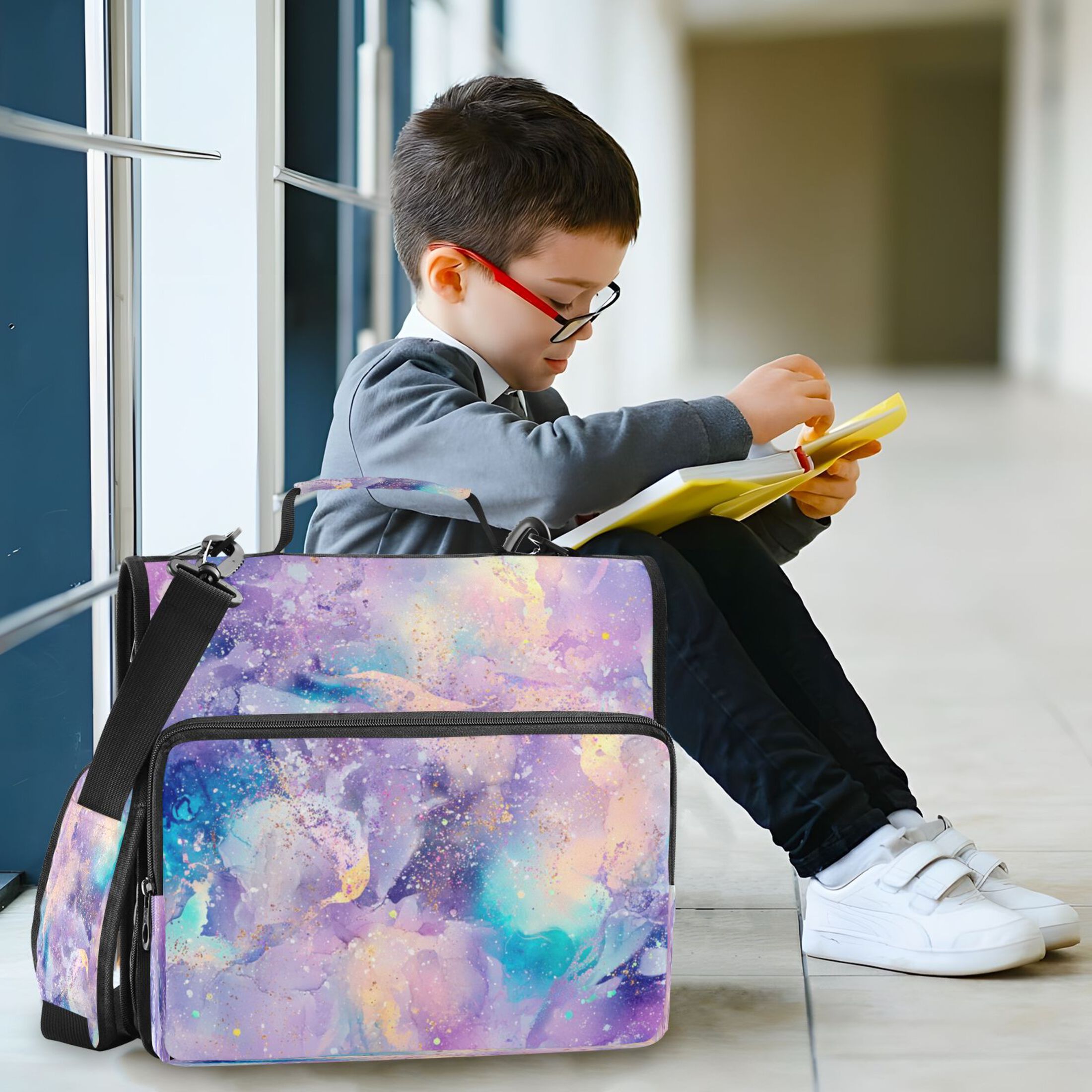 Water-Resistant 3-Ring Binder Organizer with Multiple Pockets Zipper Binder Bag for Office Pastel Watercolor Splashes
