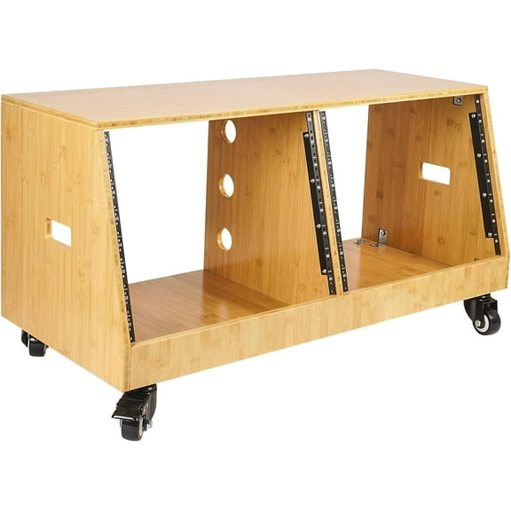 Sound Town DIY 2 x 8U Slanted Studio Rack with Solid Carbonized Bamboo, Casters, for Recording Room, Home Studio (STBR-D8T)