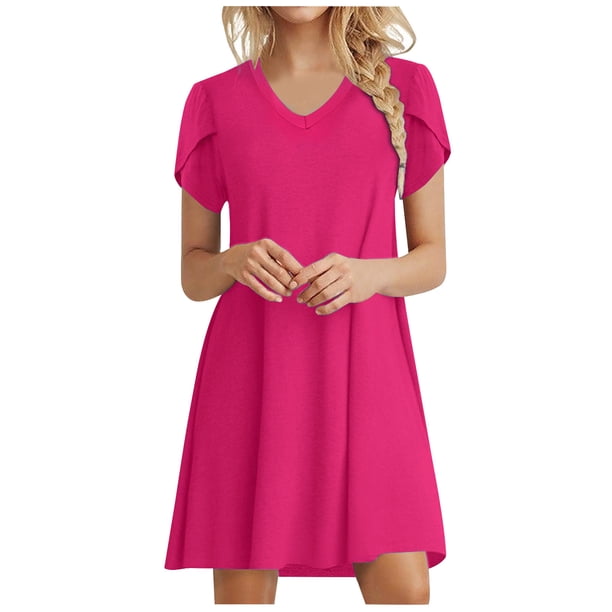 Puntoco Vestido De Mujer Con Cuello Redondo Y Manga Corta, Manga De Pétalo, Vestido De Manga Corta Con Cuello Redondo, Rojo Rosa Xxl,Regalos Para Mujer Joven