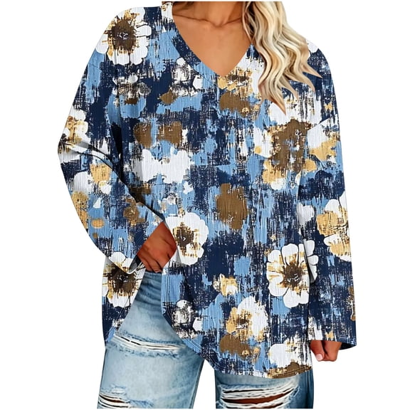 Tops for Women Long Sleeve V Neck Plus Size Fashion Printed Casual Top