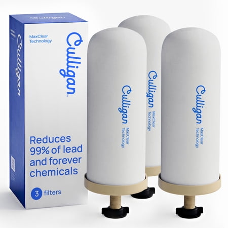 Culligan MaxClear 7” Gravity Water Filter Replacement Compatible with Berkey Water Filter Systems, Ceramic & Carbon Gravity Filter NSF/ANSI Certified, Reduce Total PFAS, Microplastics & Lead, 3-Pack