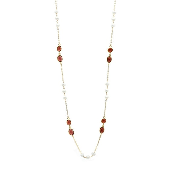 LTC Designs Chain Necklace with Red Garnet and White Organic Cultured Freshwater Pearls, for Adults