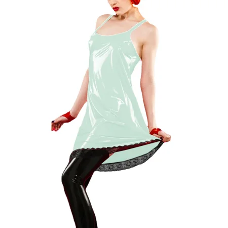 Night Party Sexy PVC Leather Spaghetti Strap A-line Dress Women Lingerie Female Sleeveless Sling Pajamas