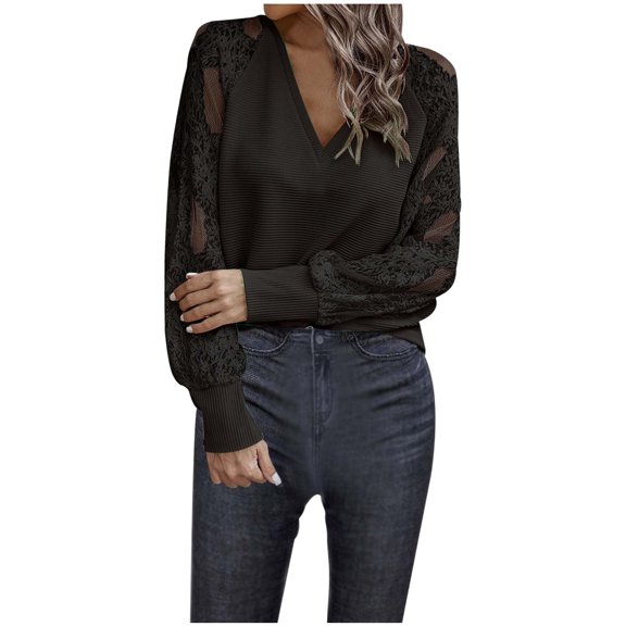 Fgnfyis Women V Neck Lace Long Sleeve Ribbed Knit Sweater Solid Color Knit Tops for Women Pullover Top For Black M