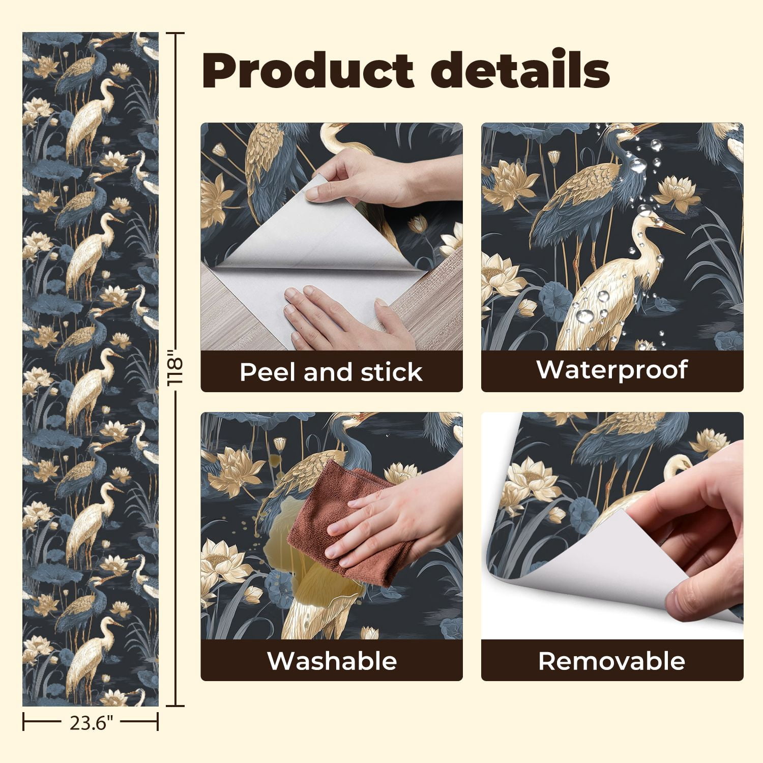 Peel and Stick Wallpaper 23.6in x 9.8ft Elegant Crane Birds Lotus Flowers Soft Gold Blue Floral Contact Paper Vinyl Self-Adhesive Removable Wall Paper for Bedroom Kitchen Cabinet Renter Friendly
