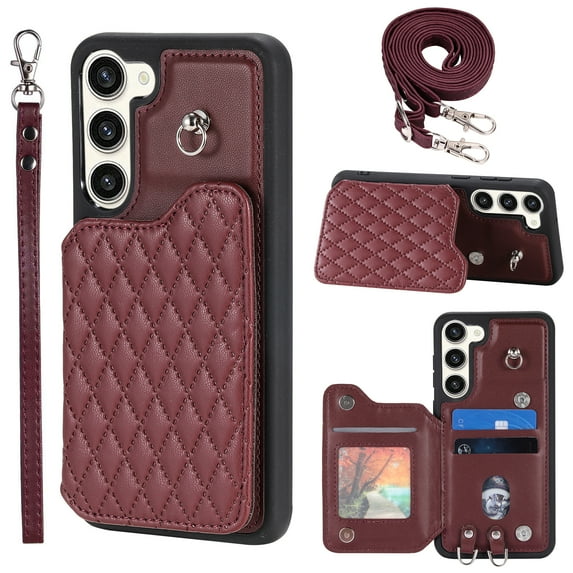 Elegant Crossbody Strap Wallet Case for Samsung Galaxy S23 with Card Holder, Shockproof Purse Magnetic Closure Phone Cover with Wrist Strap for Samsung Galaxy S23 - Winered