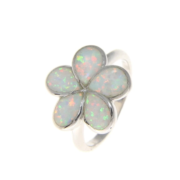 925 sterling silver Hawaiian plumeria flower white synthetic opal ring size 8