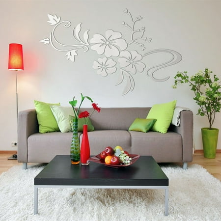DIY 3D Floar Art Jeteven Retro Mirror Flower Wall Sticker Removable Decoration Vinyl Acrylic Mural Decal Living Home Dining Room Bedroom Kitchen Sofa Decor 2 color Silver&