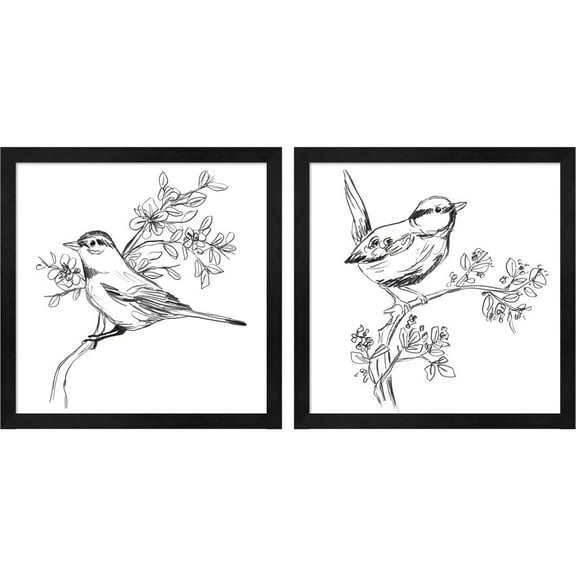 Great Art Now Simple Songbird Sketches by June Erica Vess, 2 Piece Framed Art Set Each 13.25"W x 13.25"H